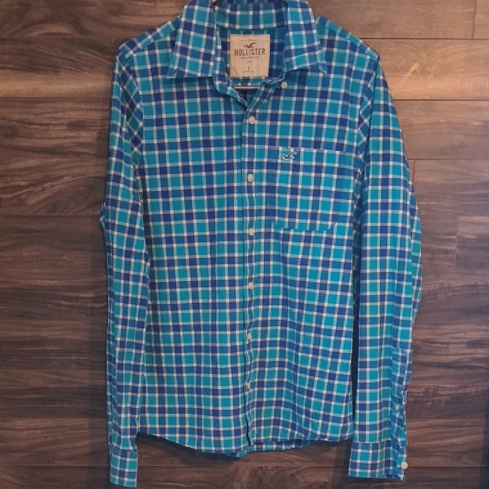 Hollister Co. Men's Large Blue & Teal Gingham Plaid Long Sleeve Button Down Shir